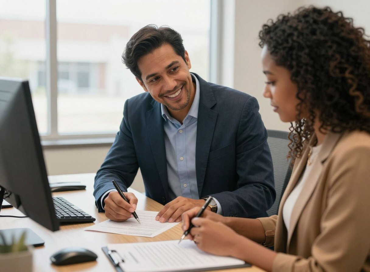 A mentor helping a newcomer with paperwork